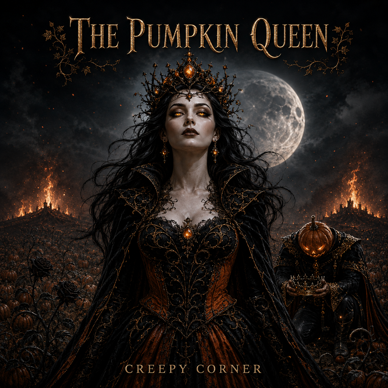 The Pumpkin Queen single cover, with the Pumpkin King kneeling before his queen